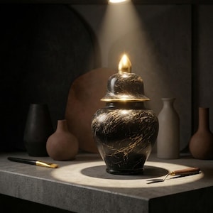 Könnte beinhalten: Eine dekorative Vase mit schwarzem und goldenem Marmormuster und Deckel, beleuchtet von einem Scheinwerfer. Weitere Vasen und Kunstwerkzeuge sind darum herum angeordnet. Die Szene spielt vor einem dunklen, strukturierten Hintergrund.