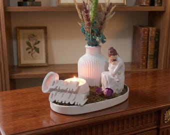 Hand-Cast Stone Powder Sculpture Set: Mother Child, Vase, Candle, Moss Base