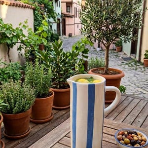 Puede incluir: Una jarra de cerámica blanca con rayas verticales azules, llena de limones y menta, está sobre una mesa de madera. Un pequeño cuenco de frutos secos y una servilleta de lino también están sobre la mesa. Plantas en macetas y edificios al fondo.