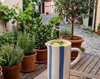Handmade Blue Striped Ceramic Pitcher – Hand-Painted Glazed Pottery Carafe (9" Tall)