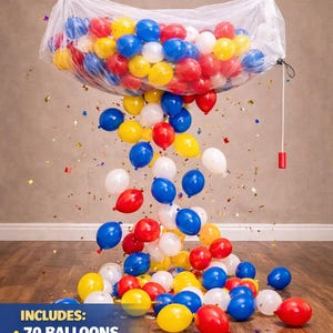 Economy DIY balloon drop bag kit Complete with 70 balloons included, hanging hooks and release cord.