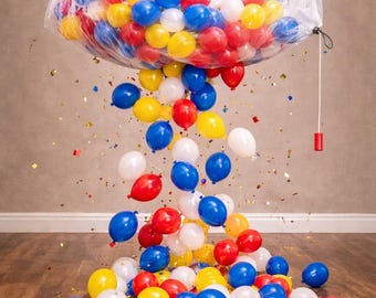 Economy DIY balloon drop bag kit Complete with 70 balloons included, hanging hooks and release cord.
