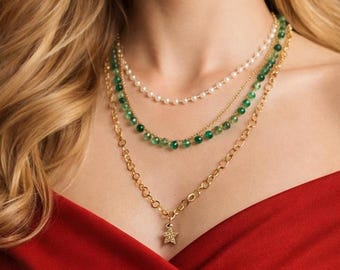 Collar de estrella multicapa con tres hilos, circonitas verdes y cristales blancos, elegante collar de ganchillo dorado para mujer, joya hecha a mano.