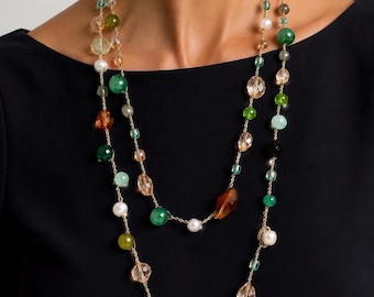 Collana Uncinetto con Pietre Dure, Perle e Cristalli Oro, Bijoux Donna, Avventurina, Giada, Agata, Prehnite, Corniola, Gioiello Elegante