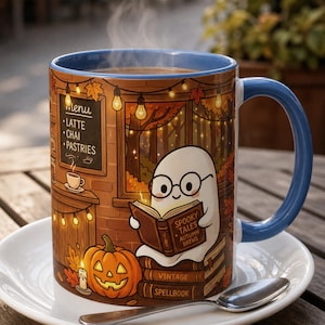 Cute Spooky Ghost Reading Book Mug, Halloween Autumn Cafe Ceramic Tea Cup (11oz/15oz)
