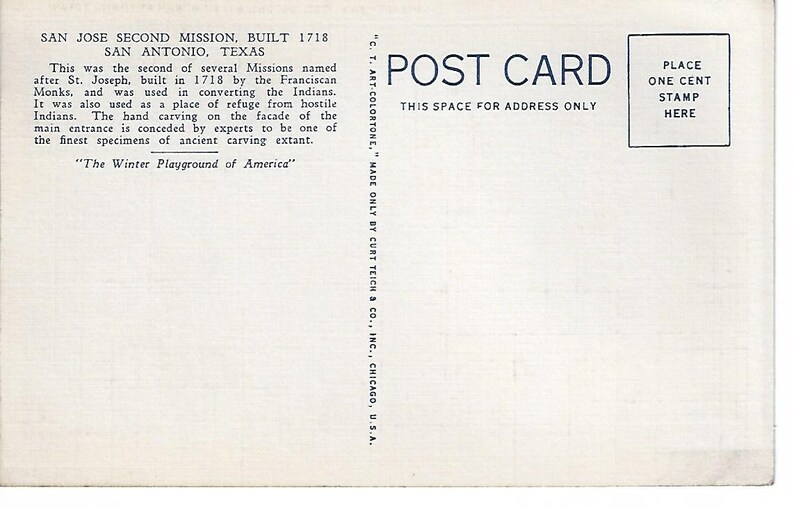 TX0036 Vintage Linen Postcard...Texas Second Mission...Unused..no San Antonio Mission San Jose
