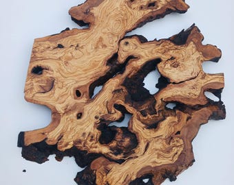 Fetta di legno d'ulivo con bordo naturale, lastra per arredamento rustico.