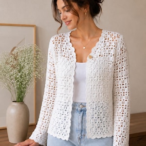Cardigan in pizzo stile boho all'uncinetto, modello PDF, maglione a punto conchiglia per principianti (download digitale)