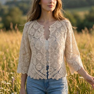 Patrón de cárdigan de ganchillo floral / Chaqueta sin costuras con motivo de loto (descarga en PDF)