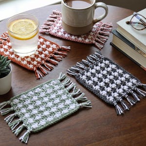 Modern Boho Crochet Coaster Pattern, Textured Fringe Mug Rug (PDF Download)