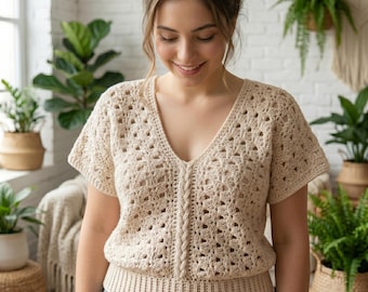 Crochet Top Pattern PDF | Boho Granny Square Cable Blouse (Digital Download)
