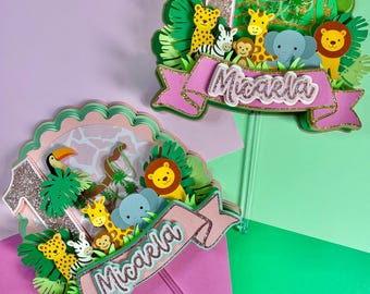 Customizable Wild One Safari Jungle Animals Cake Topper | First Birthday Party Decor | 3D Layered Cake Topper