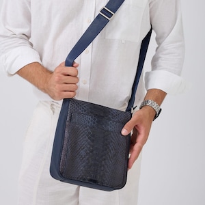 Äkta Anaconda Python Läder Messengerväska Marinblå Herr Axelväska Handgjord Lyxgåva