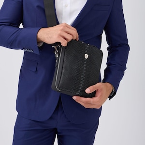 Mens Black Leather Crossbody Bag Python Pattern Handmade Small Sling Bag for Men Gift