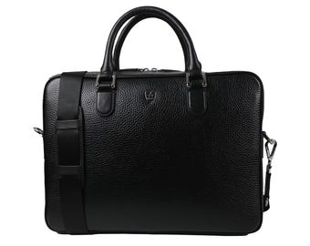 Black Genuine Laptop Briefcase, Minimal Office Work Bag, Men's Computer Shoulder Case