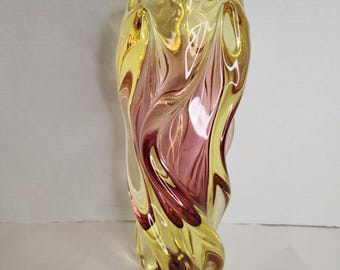 Vintage Hand Made Bohemia Glass Czech Republic Twisted Glass Vase Amber/Pink