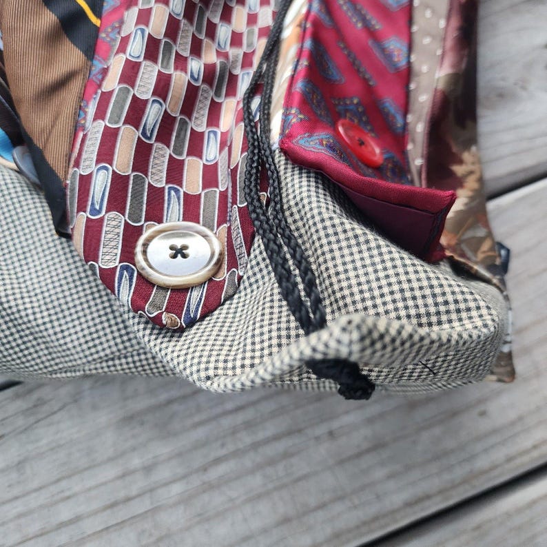 Handmade Necktie Drawstring Patchwork Tote Shoulder Carry All Bag Backpack GC image 10