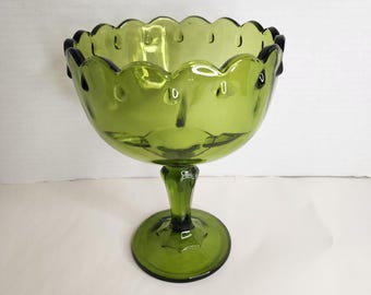 Vintage Indiana Glass Teardrop Antique Green Pedestal Compote Centerpiece Bowl