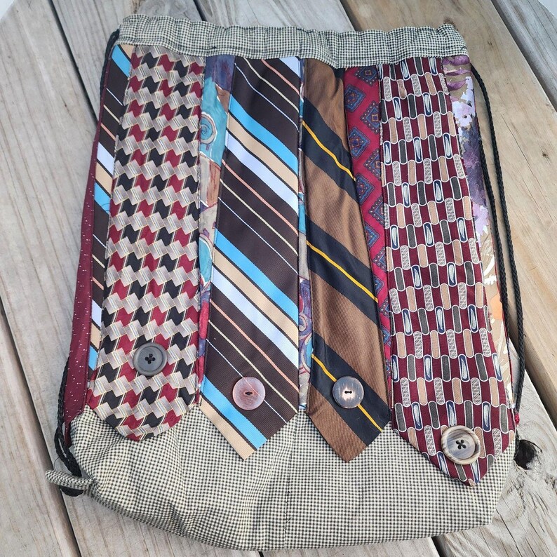 Handmade Necktie Drawstring Patchwork Tote Shoulder Carry All Bag Backpack GC image 3