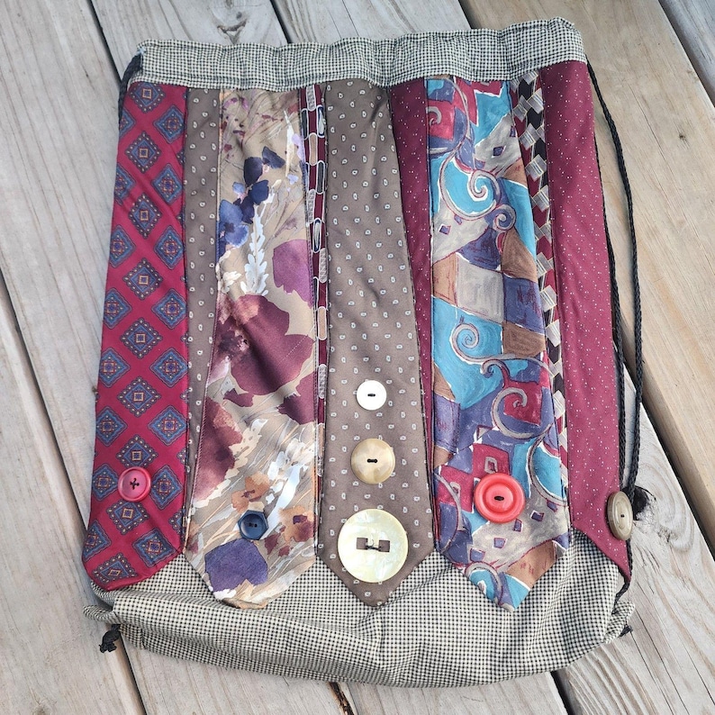 Handmade Necktie Drawstring Patchwork Tote Shoulder Carry All Bag Backpack GC image 1