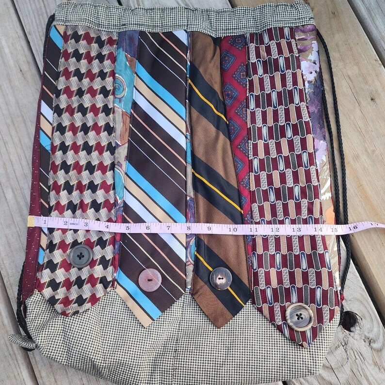 Handmade Necktie Drawstring Patchwork Tote Shoulder Carry All Bag Backpack GC image 5