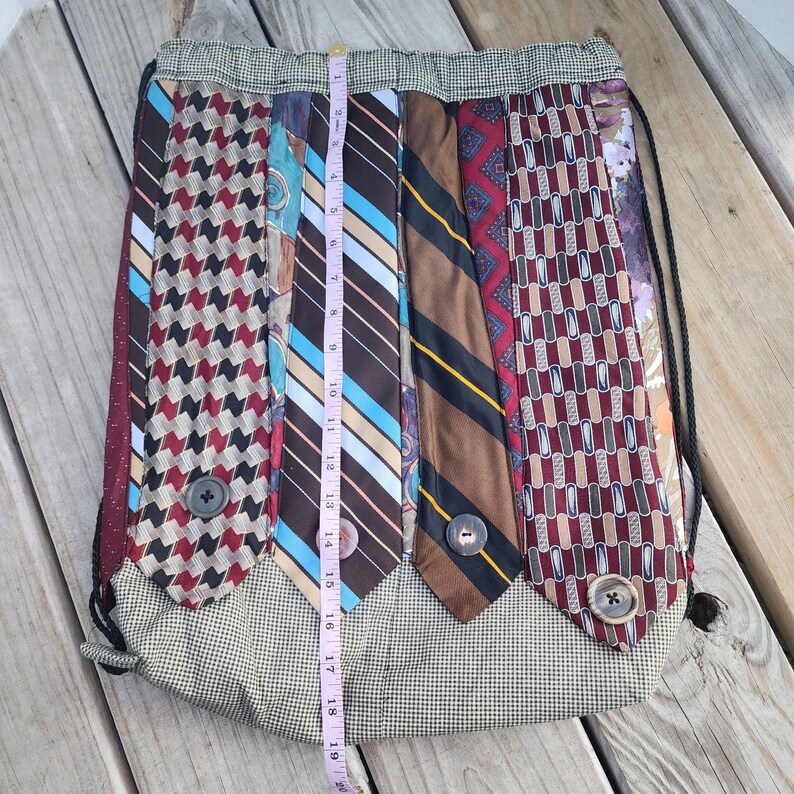 Handmade Necktie Drawstring Patchwork Tote Shoulder Carry All Bag Backpack GC image 4