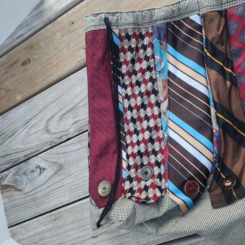 Handmade Necktie Drawstring Patchwork Tote Shoulder Carry All Bag Backpack GC image 14