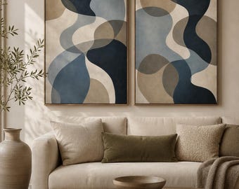 Navy Blue Taupe Abstract Wall Art Set of 2, Modern Neutral Printable Download