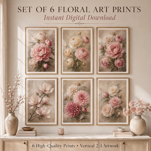 Set of 6 Blush Floral Art Prints, Romantic Peony Botanical Wall Art (Digital Download)