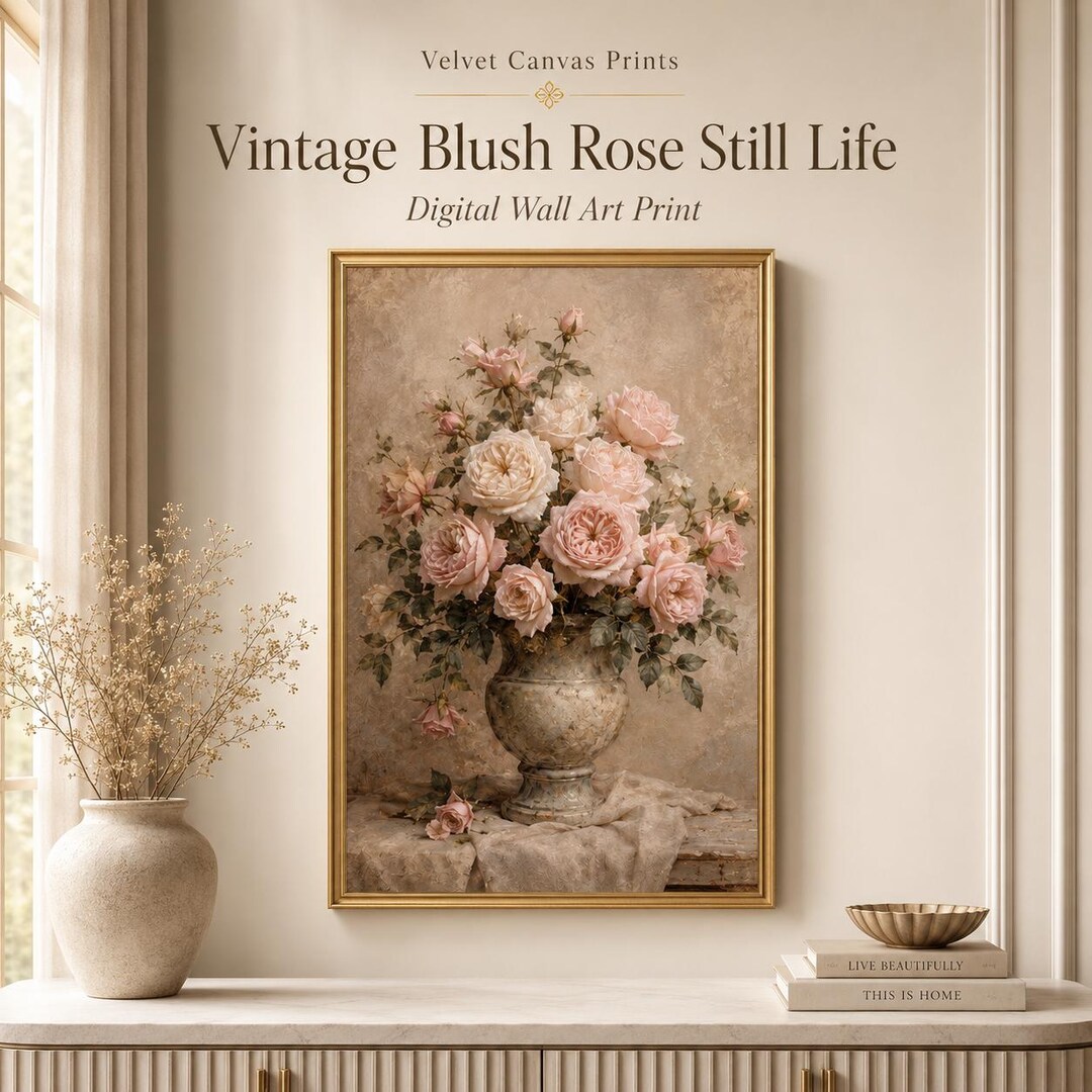 Vintage Blush Rose Still Life Painting, Romantic Floral Wall Art ...