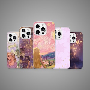 May include: Five phone cases with fairytale-themed illustrations. The cases feature artwork inspired by a fairytale, including a woman with long blonde hair, a starry night scene, and a sun design. The cases are in shades of pink, purple, and yellow.