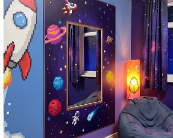Pixel Space-spegel, spelrumsdekor, väggkonst med galaxtema