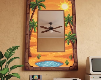 Pixel Art Desert Mirror Retro Wall Decor Gaming Room Cactus Sunset Home Design