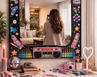 Specchio retrò anni '80, decorazione murale colorata e nostalgica, mobile da trucco personalizzato, specchio in plexiglass