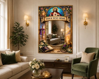 Gepersonaliseerde Jezusspiegel, heilig hart christelijk muurdecor, katholiek gebedsruimte cadeau