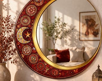 Specchio a mezzaluna rossa, decorazione murale boho, specchio a mosaico, specchio celeste, regalo unico per la casa, pezzo di grande impatto