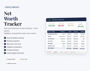 Net Worth Tracker Spreadsheet | Asset Liability Dashboard | Financial Snapshot | Excel Google Sheets | Digital Download
