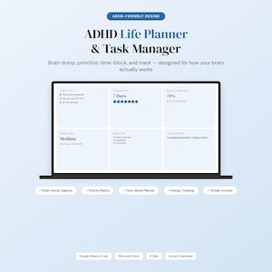 May include: A digital ADHD Life Planner & Task Manager displayed on a laptop screen. The interface shows sections for daily tasks, focus, and weekly progress. The design includes features for brain dumping, time-blocking, and energy tracking. The text reads "ADHD-FRIENDLY DESIGN."