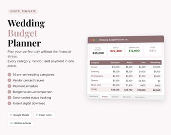 Wedding Budget Planner Spreadsheet | Vendor Tracker Payment Schedule | Excel Google Sheets Template | Digital Download