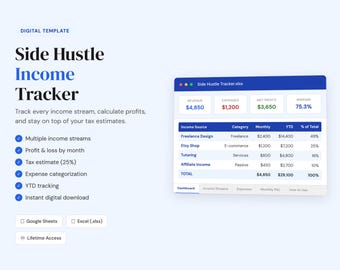 Side Hustle Income Tracker Spreadsheet | Freelance Profit Tax Calculator | Excel Google Sheets | Digital Download