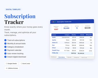 Subscription Tracker Spreadsheet | Monthly Bill Manager Cancel Reminder | Excel Google Sheets | Digital Download