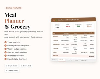 Meal Planner Spreadsheet | Weekly Budget Grocery List (Digital Download)