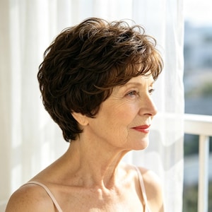 Customized labels,Chestnut Brown Short Layered Pixie Wig for Older Women, Synthetic Wig with Bangs, Heat Resistant Daily Wig for Hair