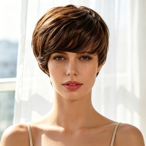 May include: A woman with short, layered brown hair and a side-swept fringe. The hair has highlights and a natural look. The woman has fair skin, blue-green eyes, and is wearing a light-colored top.
