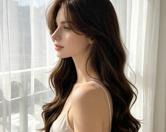 Kundenspezifische Etiketten, Milchkaffeebraune gewellte Perücke, natürliche lange Haare, hitzebeständiger Synthetik, Mittelteil, tägliche Kleidung Perücke für Frauen