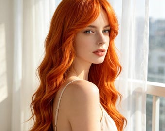 Etiquetas personalizadas, peluca larga ondulada de color jengibre vibrante para mujer con flequillo cortina, peluca sintética de cabello naranja resistente al calor para uso diario y fiestas.