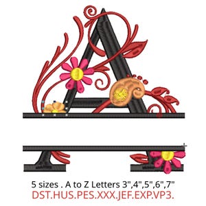 May include: An embroidered design featuring the letter "A" in black, adorned with red floral and paisley accents. The design includes a horizontal bar below the letter and a matching design at the bottom. The text "5 sizes. A to Z Letters 3",4",5",6",7"" is displayed.