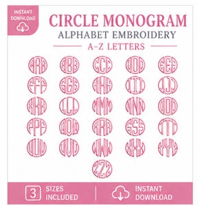 Może przedstawiać: Różowo-biała grafika cyfrowa przedstawiająca okrągły monogram haftu alfabetu. Projekt zawiera litery od A do Z w formacie okrągłym, ze słowami "CIRCLE MONOGRAM" i "ALPHABET EMBROIDERY" na górze. Grafika zawiera również słowa "INSTANT DOWNLOAD".