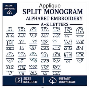 Könnte beinhalten: Digitaler Download einer Grafik mit einem geteilten Monogramm-Alphabet-Stickdesign. Das Bild zeigt die Buchstaben A bis Z in einer dekorativen Schriftart, horizontal geteilt. Das Design enthält 5 Größen und ist sofort zum Download verfügbar.
