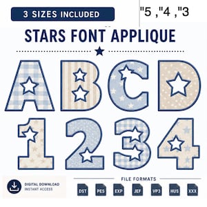 Może przedstawiać: Wzór Stars Font Applique z literami A, B, C, D i cyframi 1, 2, 3, 4. Każda litera i cyfra ma wzór gwiazdy. Projekt zawiera tekst "3 rozmiary w zestawie" i "Natychmiastowe pobieranie cyfrowe".